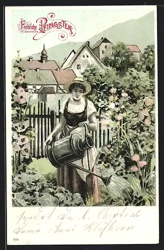 Präge-AK Gärtnerin mit einer Giesskanne, Pfingstgruss