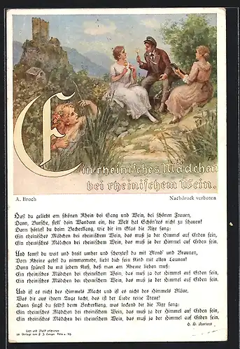 Künstler-AK Liedtext Ein rheinisches Mädchen bei rheinischem Wein