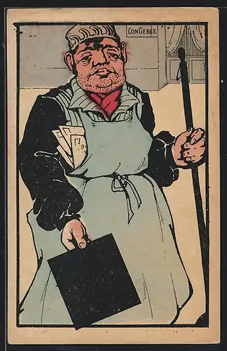 AK Concierge mit Schürze und Briefen, Reklame für Digestifs Elixir Combier