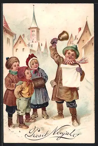 Präge-AK Mann mit Glocke und Kindern im Schnee, Neujahrsgruss