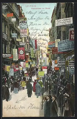 AK Leipzig, Petersstrasse während der Messe, Reklameschilder