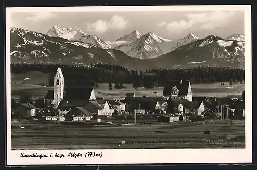 AK Unterthingau i. bayr. Alllgäu, Ortspartie mit Kirche, Edelsberg, Geishorn und Hochvogel