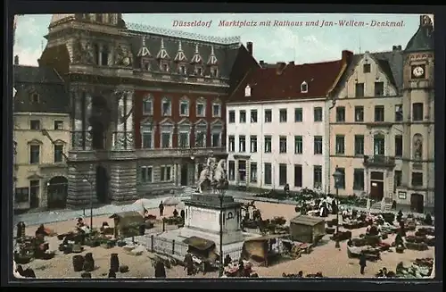 AK Düsseldorf, Marktplatz mit Rathaus und Jan-Wellem-Denkmal