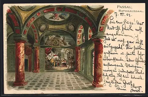 Künstler-AK Passau, Blick in den Rathaussaal