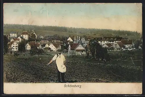 AK Schömberg, Ortspartie und Bauer bei der Aussaat