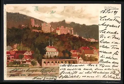 Lithographie Heidelberg, Schloss am Neckar