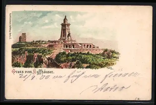Künstler-AK Kyffhäuser, Blick auf das Denkmal