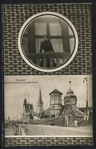 AK Düsseldorf, Rheinwerft mit Schlossturm und Lambertuskirche, Frau auf dem Balkon