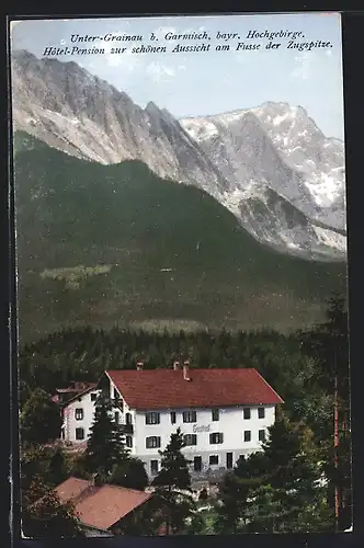 AK Unter-Grainau b. Garmisch, Hotel-Pension zur schönen Aussicht am Fusse der Zugspitze