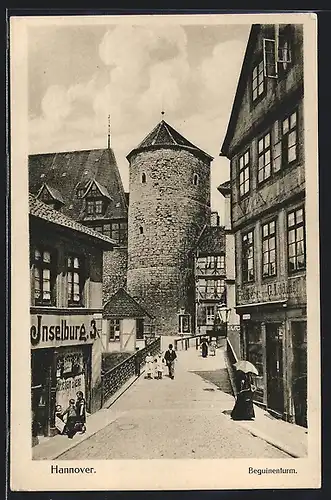 AK Hannover, Partie mit Beguinenturm und Bäckerei Löding