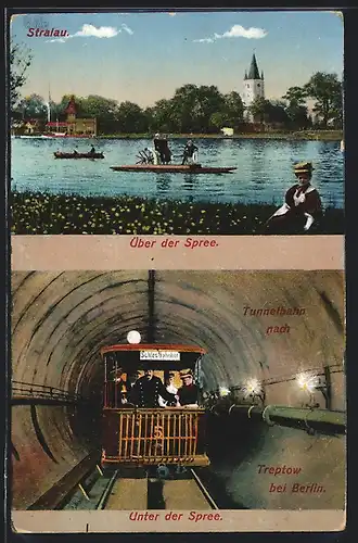 AK Berlin-Stralau, Spree mit Booten, Tunnelbahn unter der Spree