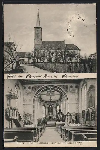 AK Fürstenberg, Pfarr- u. Wallfahrtskirche, Aussen- u. Innenansicht