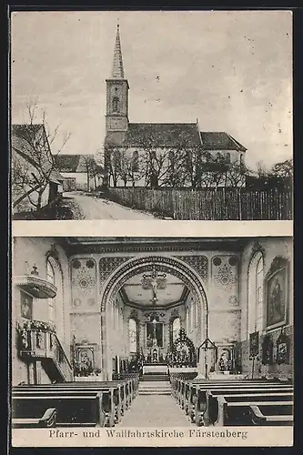 AK Fürstenberg, Pfarr- u. Wallfahrtskirche, Aussen- u. Innenansicht