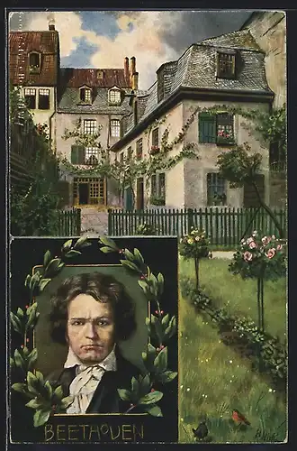 Künstler-AK Bonn, Beethovenhaus- und Portrait