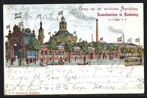 Lithographie Hamburg, Nordische Ausstellung Skandinavien in Hamburg 1903, Strassenbahn