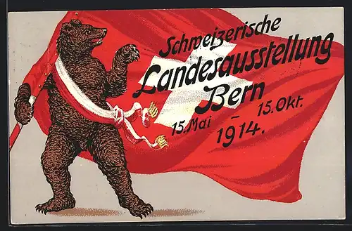 AK Bern, Schweizerische Landesausstellung 1914, Bär mit Schweizer Nationalfahne