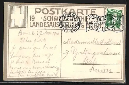 AK Bern, Schweizerische Landesausstellung 1914, Bär mit Schweizer Nationalfahne