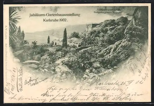 AK Karlsruhe, Jubiläums-Gartenbauausstellung 1902, Palmenarrangement der Stadtgartengärtnerei