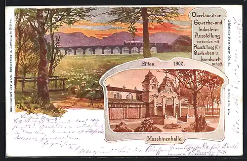 Künstler-AK Zittau, Oberlausitzer Gewerbe- und Industrie-Ausstellung 1902, Maschinenhalle