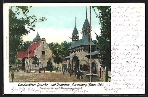 AK Zittau, Oberlausitzer Gewerbe- und Industrie-Ausstellung 1902, Eingangstor und Verwaltungsgebäude