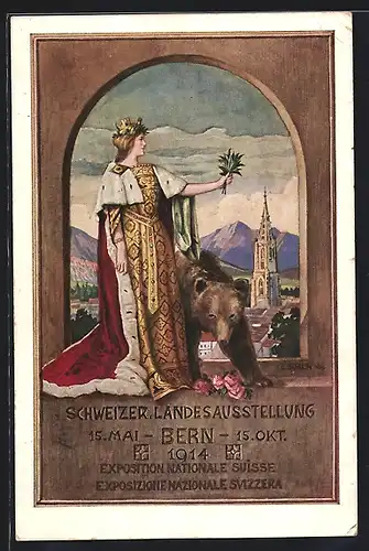 Künstler-AK Bern, Schweizerische Landesausstellung 1914, Teilansicht mit Turmspitze, Frau und Berner Bär