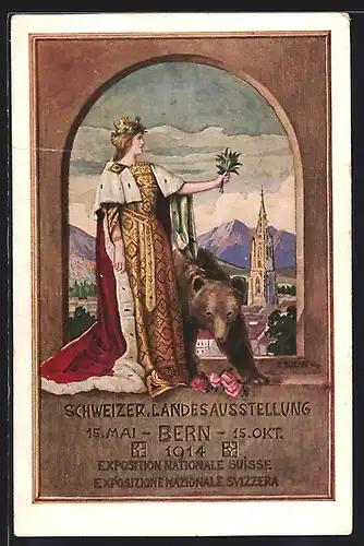Künstler-AK Bern, Schweizerische Landesausstellung 1914, Teilansicht mit Turmspitze, Frau und Berner Bär