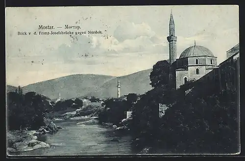 AK Mostar, Blick v.d. Franz-Josefsbrücke gegen Norden