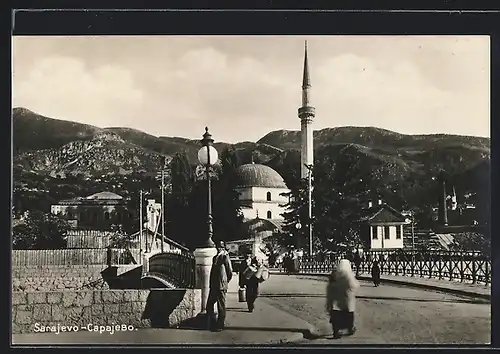 AK Sarajevo, Brücke in der Stadt, Minarett