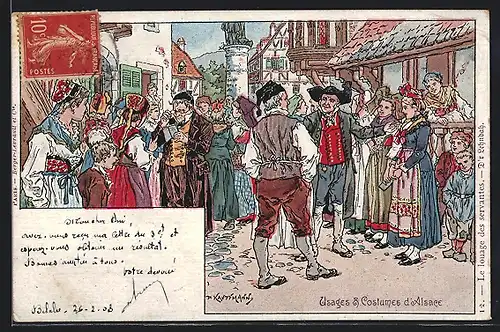 Künstler-AK sign. P. Kauffmann: Usages & Costumes d'Alsace, Anwohner in elsass-lothringischer Tracht