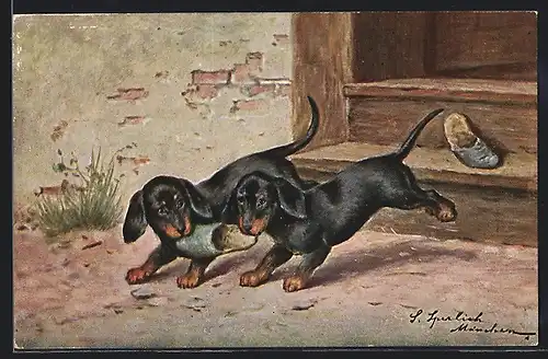 Künstler-AK Dackel spielen mit Pantoffel