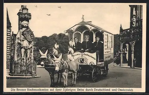 AK Bremen, Die Bremer Stadtmusikanten auf ihrer Reise durch Deutschland u. Österreich, Der Roland am Rathauseck, Rathaus