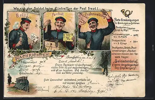 Lithographie Soldat freut sich über eintreffende Feldpost