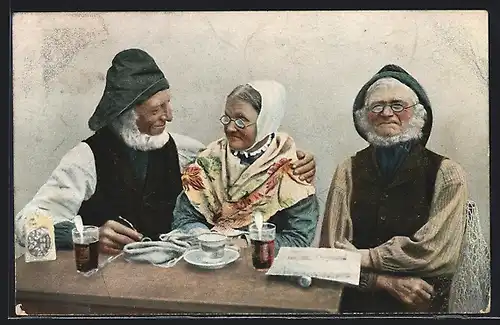 AK Hamburg, Frau sitzt mit zwei Fischern am Tisch