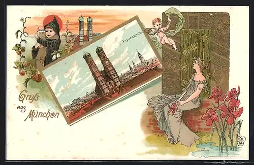 Künstler-AK München, Frauenkirche, Münchner Kindl mit Bierkrug, Frau und Kindlein mit Horn