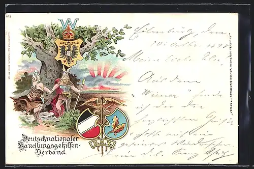 AK Deutschnatiionaler Handlungsgehilfen-Verband, Zwei Germanen an einem Baum, Wappen, Germanenkult