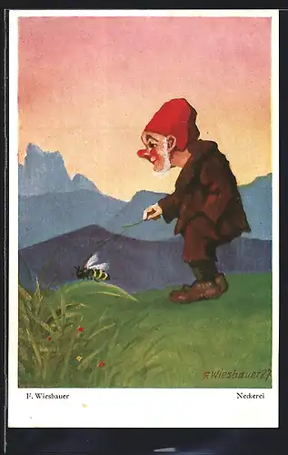 Künstler-AK Neckerei, Zwerg piekst eine Biene mit einem Grashalm