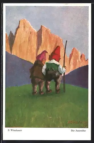 Künstler-AK Die Ausreisser, Zwerge auf Wanderschaft