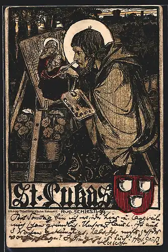 Künstler-AK Rudolf Schiestl: St. Lukas beim Malen