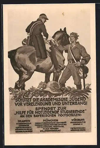 Künstler-AK Angelo Jank: Schützt die Akademische Jugend vor Verelendung und Untergang!, Student auf seinem Pferd
