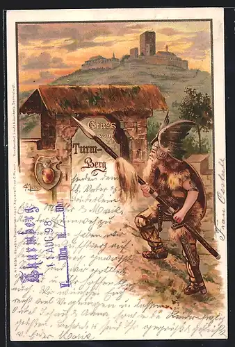 Lithographie Durlach, Gruss vom Turmberg, Kühner Recke