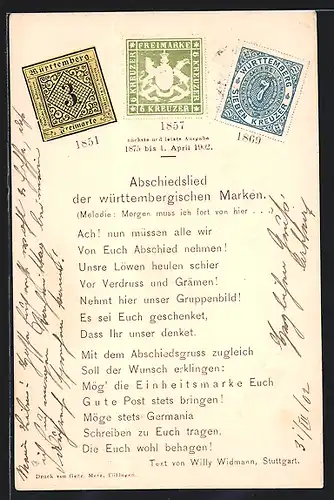AK Abschiedslied der württembergischen Marken, Briefmarken, Postgeschichte