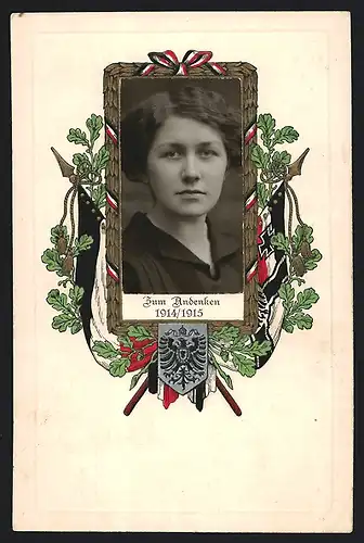 Foto-Collage-AK Zum Andenken 1914 /1915, Portrait einer jungen Frau
