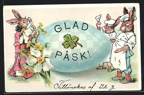 Lithographie Glad Pask!, Osterhasenköche und riesen Ei