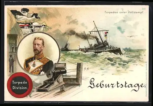 Künstler-AK A. Heide: Torpedoboote unter Volldampf, Portrait Prinz Heinrich von Preussen