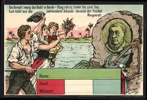 Künstler-AK Arthur Thiele: Passanten winken und wollen Präsident Krüger Blumen überreichen, Burenkrieg