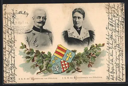 AK Grossherzog und Grossherzogin von Oldenburg, Portraits und Wappen