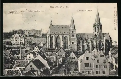 AK Oppenheim / Rhein, Ortsansicht mit Grossherzogl. Wein- und Obstbauschule, Ruine Landskrone, Katharinenkirche