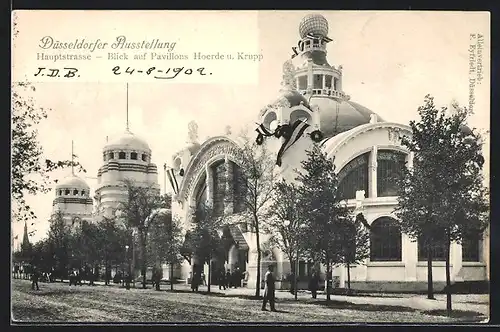 AK Düsseldorf, Ausstellung, Hauptstrasse, Blick auf Pavillons Hoerde u. Krupp, Ausstellung