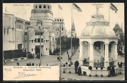 AK Düsseldorf, Gewerbe- und Industrie-Ausstellung 1902 - Gebäude Krupp und Musikpavillon