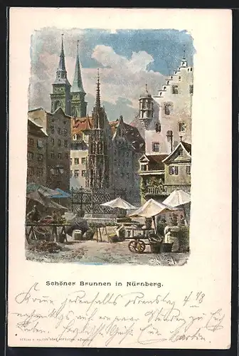 Künstler-AK Nürnberg, Schöner Brunnen und Marktstände